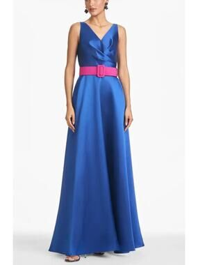 Sachin & Babi Rae Gown Eclipse Blue Fuchsia Belt Sz 4 NWT Glamorous A-Line Dress